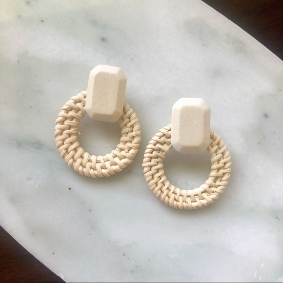 Rattan Natural Wooden Stud Hoop Earrings - Picture 4 of 6